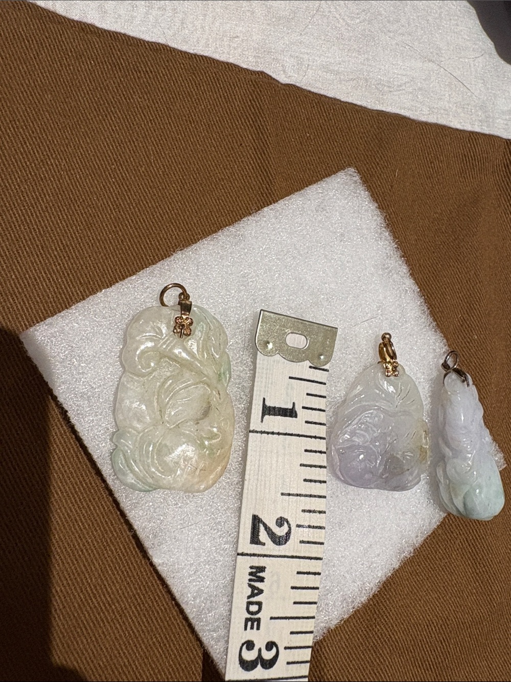 Carved Jadeite Pendant Trio - Pale Green & Lavender Accents